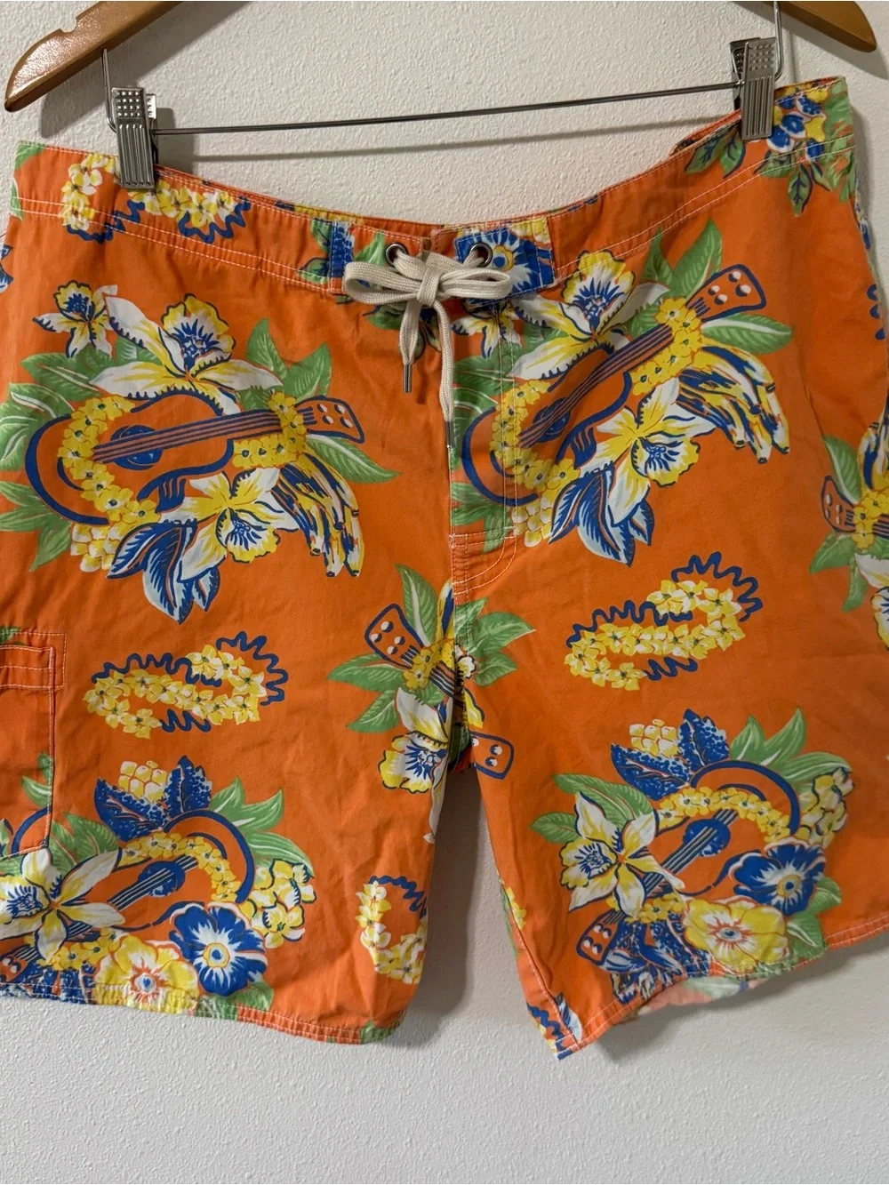 Vintage Polo Ralph  Lauren Hawaiian Ukulele Print Board Shorts Orange Resort-36